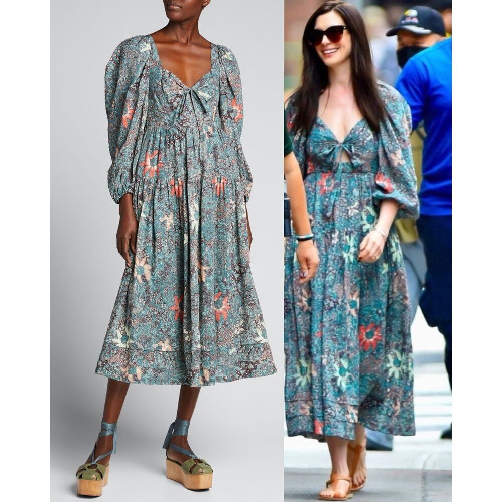 Ulla Johnson Kemala Midi Dress US 4 Malachite Floral Print Milkmaid Celebrity